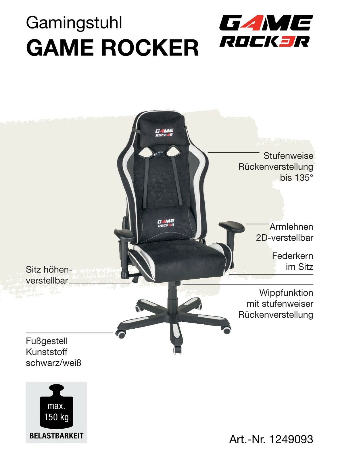 Gamingstuhl GAME ROCKER in Frontalansicht mit stufenweiser Rückenverstellung, höhenverstellbarem Sitz, 2D-verstellbaren Armlehnen und Kunststoff-Fußgestell in Schwarz/Weiß.