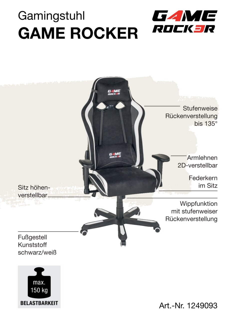 Gamingstuhl GAME ROCKER in Frontalansicht mit stufenweiser Rückenverstellung, höhenverstellbarem Sitz, 2D-verstellbaren Armlehnen und Kunststoff-Fußgestell in Schwarz/Weiß.