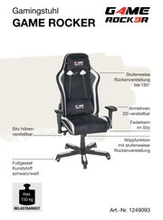 Gamingstuhl GAME ROCKER in Frontalansicht mit stufenweiser Rückenverstellung, höhenverstellbarem Sitz, 2D-verstellbaren Armlehnen und Kunststoff-Fußgestell in Schwarz/Weiß.