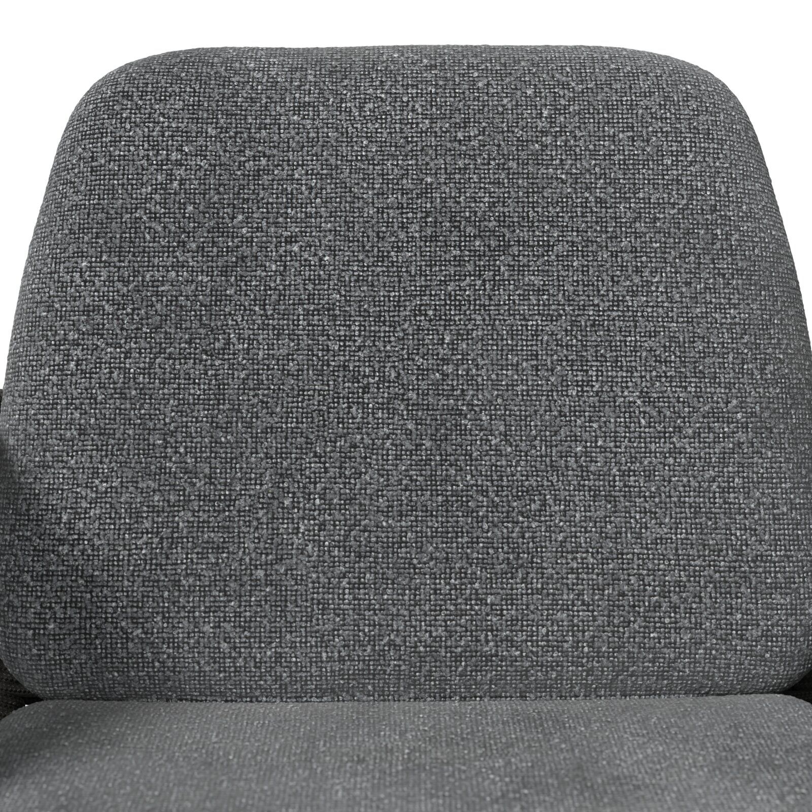 Graues, gepolstertes Sitzmöbel mit strukturierter Stoffoberfläche, frontal aus der Vorderansicht fotografiert.