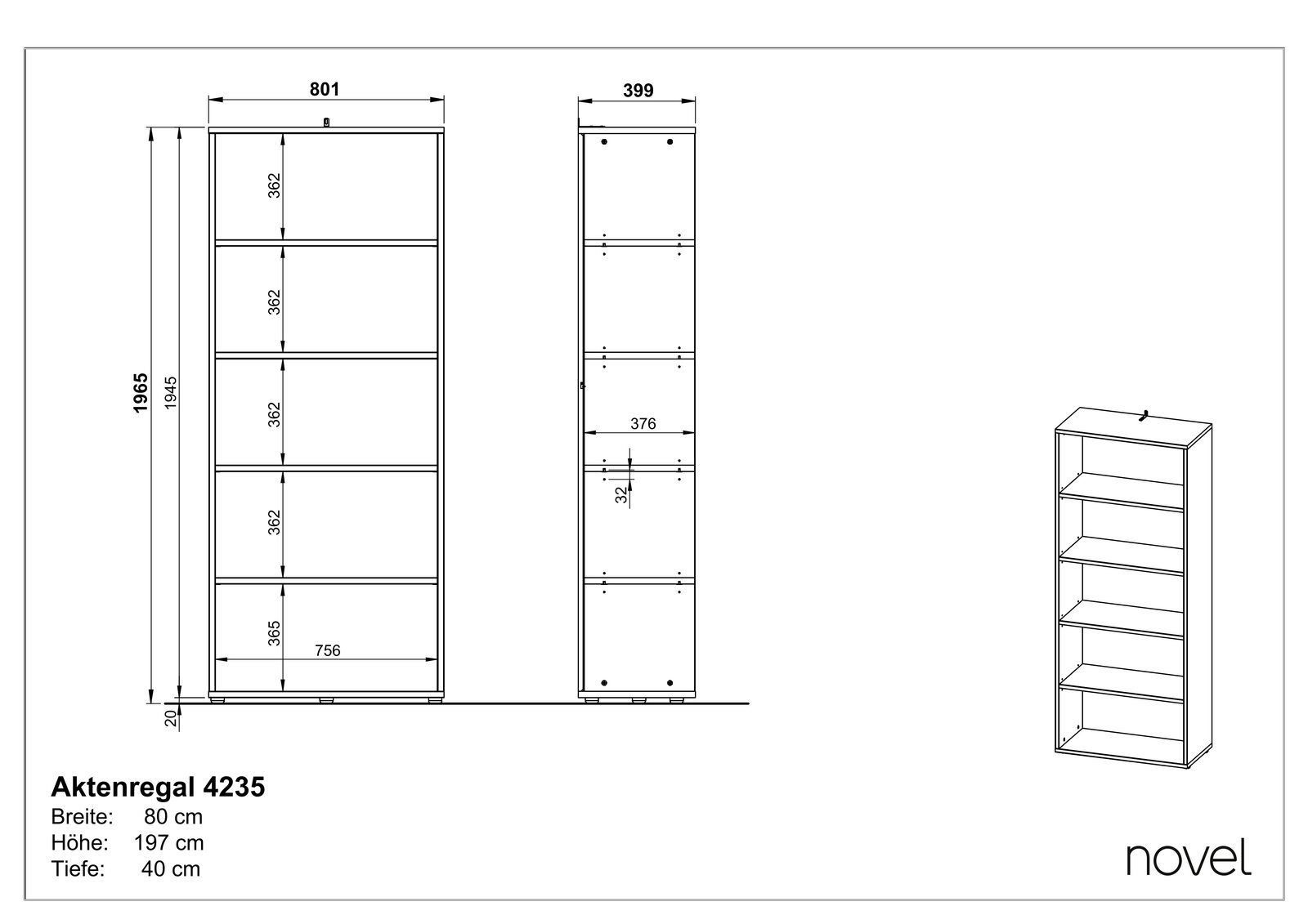 Frontale und seitliche Ansicht eines hohen Aktenregals mit fünf Fächern, Breite 80 cm, Höhe 197 cm, Tiefe 40 cm.