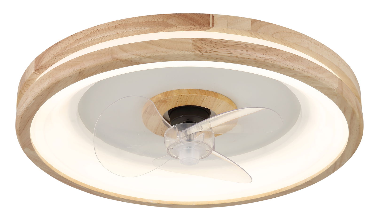Deckenventilator mit Holzrahmen und transparenten Flügeln, seitliche Perspektive