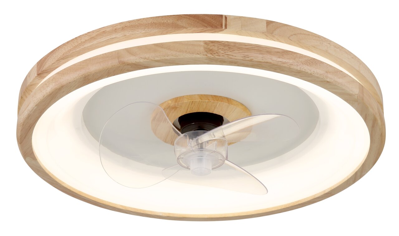 Deckenventilator mit Holzrahmen und transparenten Flügeln, seitliche Perspektive