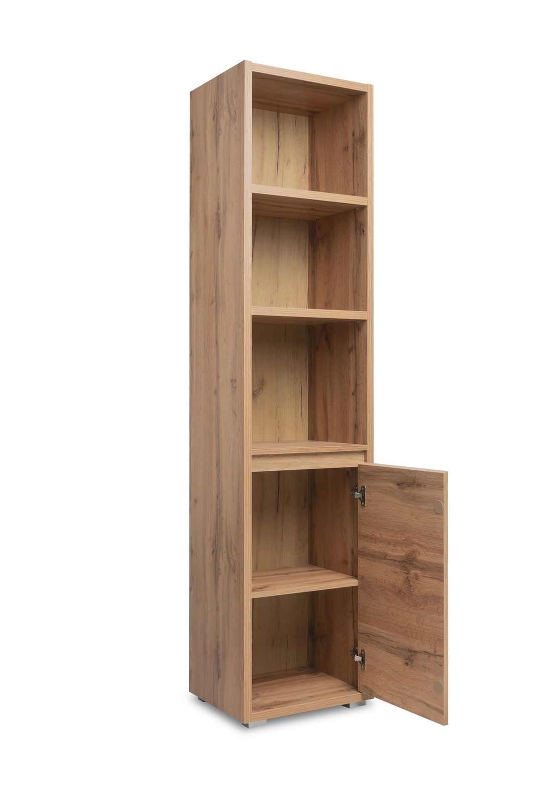 Holzregal mit vier offenen Fächern und einer unteren Tür, Perspektive von schräg vorne