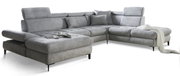 Graues Ecksofa mit verstellbaren Kopfstützen und Kissen, von vorne links gesehen, mit einer Tasse und Zeitschrift auf der Sitzfläche.