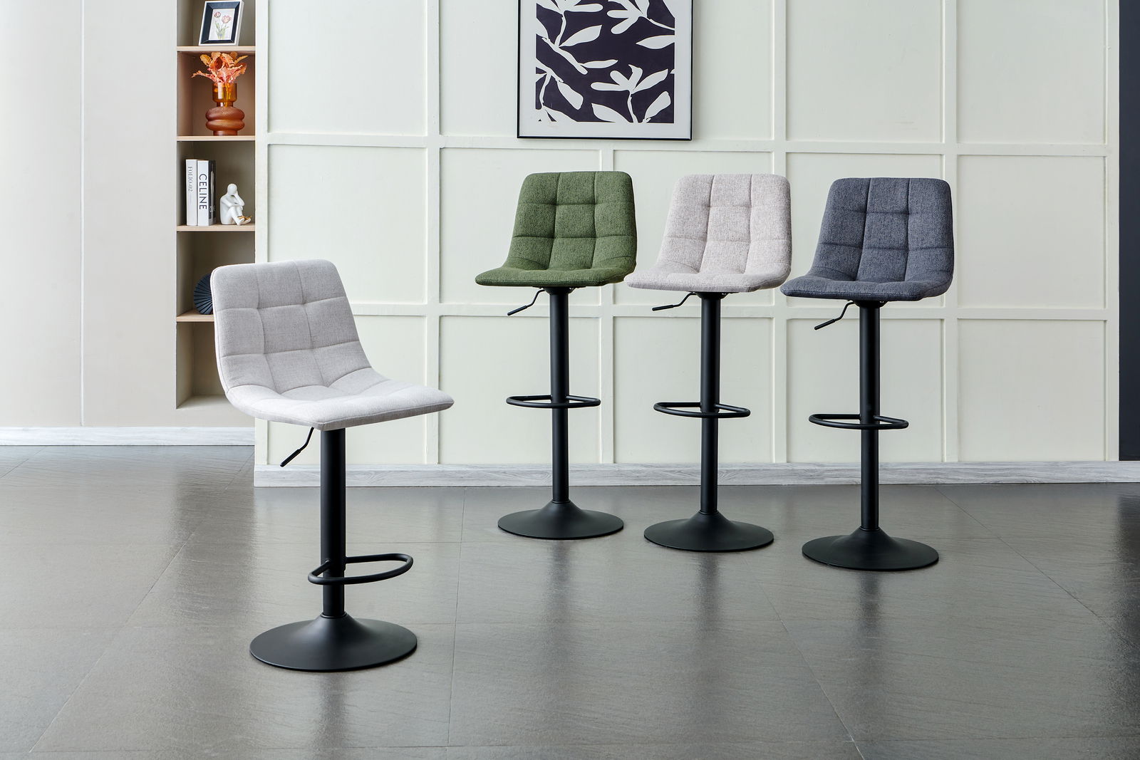 Vier moderne Barhocker in verschiedenen Farben, von links nach rechts: hellgrau, grün, beige und dunkelgrau, in einer stilvollen Innenraumumgebung, seitliche Perspektive.