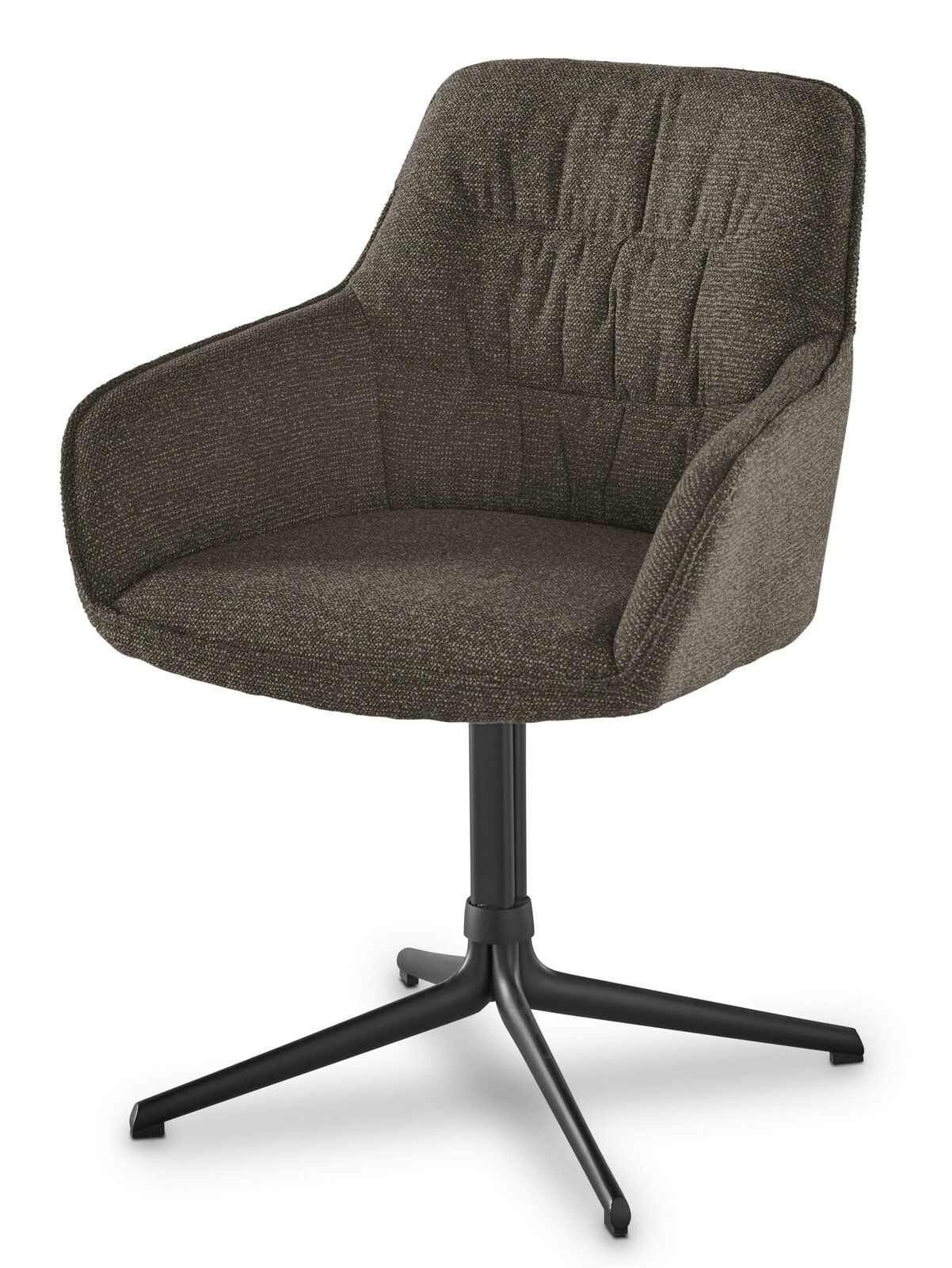 Moderner Armlehnstuhl mit dunkelgrauem Stoffbezug und schwarzem Metallgestell, seitliche Perspektive
