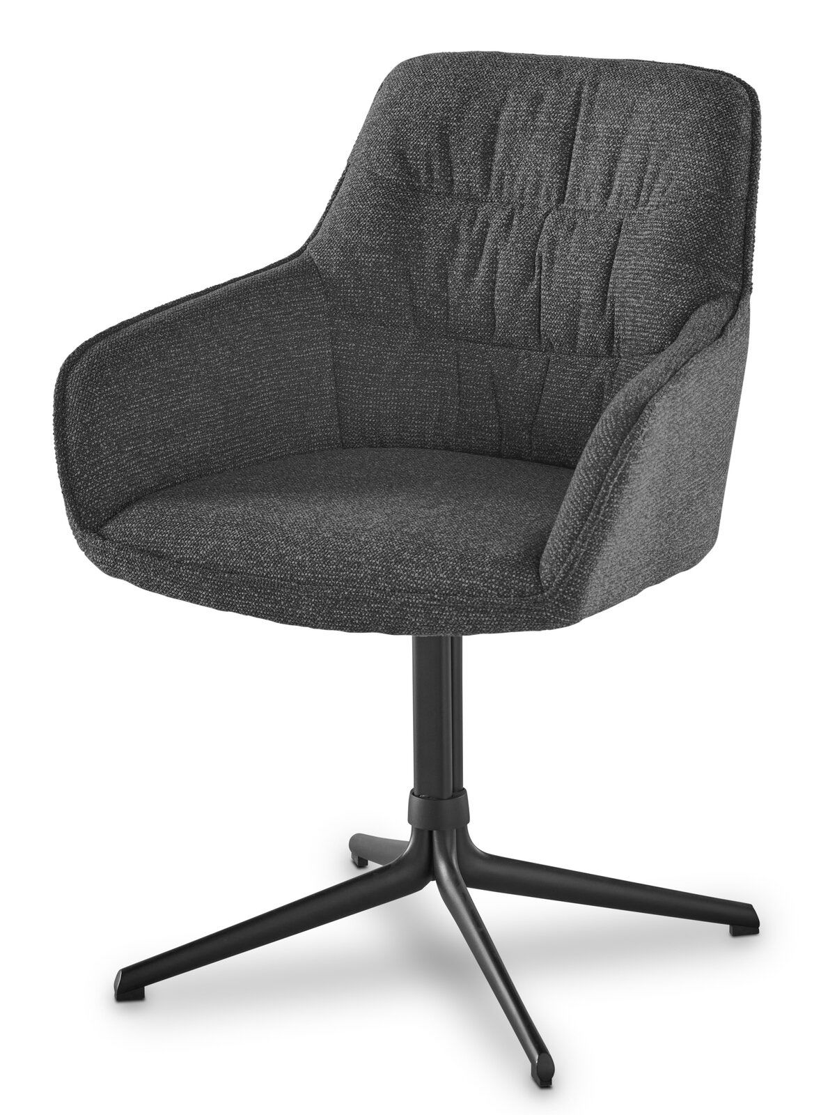 Moderner Armlehnstuhl mit dunkelgrauem Stoffbezug und schwarzem Metallgestell, seitliche Perspektive
