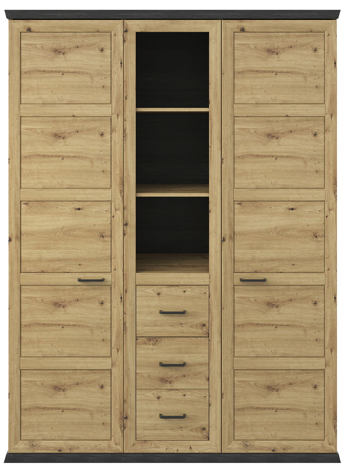 Frontale Ansicht eines dreitürigen Drehtürenschranks aus Holz mit mittigem Regal und Schubladen.