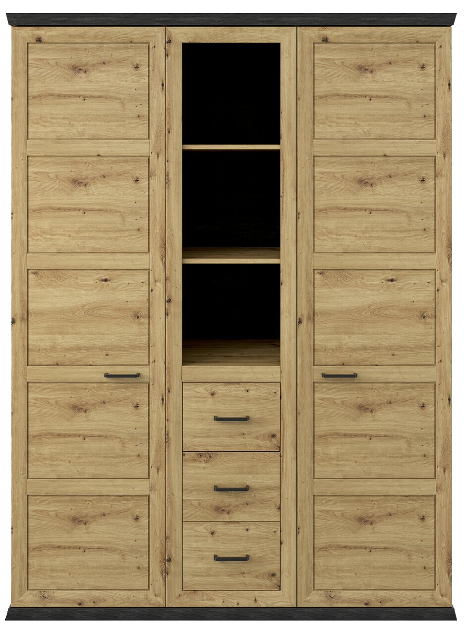 Frontale Ansicht eines dreitürigen Drehtürenschranks aus Holz mit mittigem Regal und Schubladen.