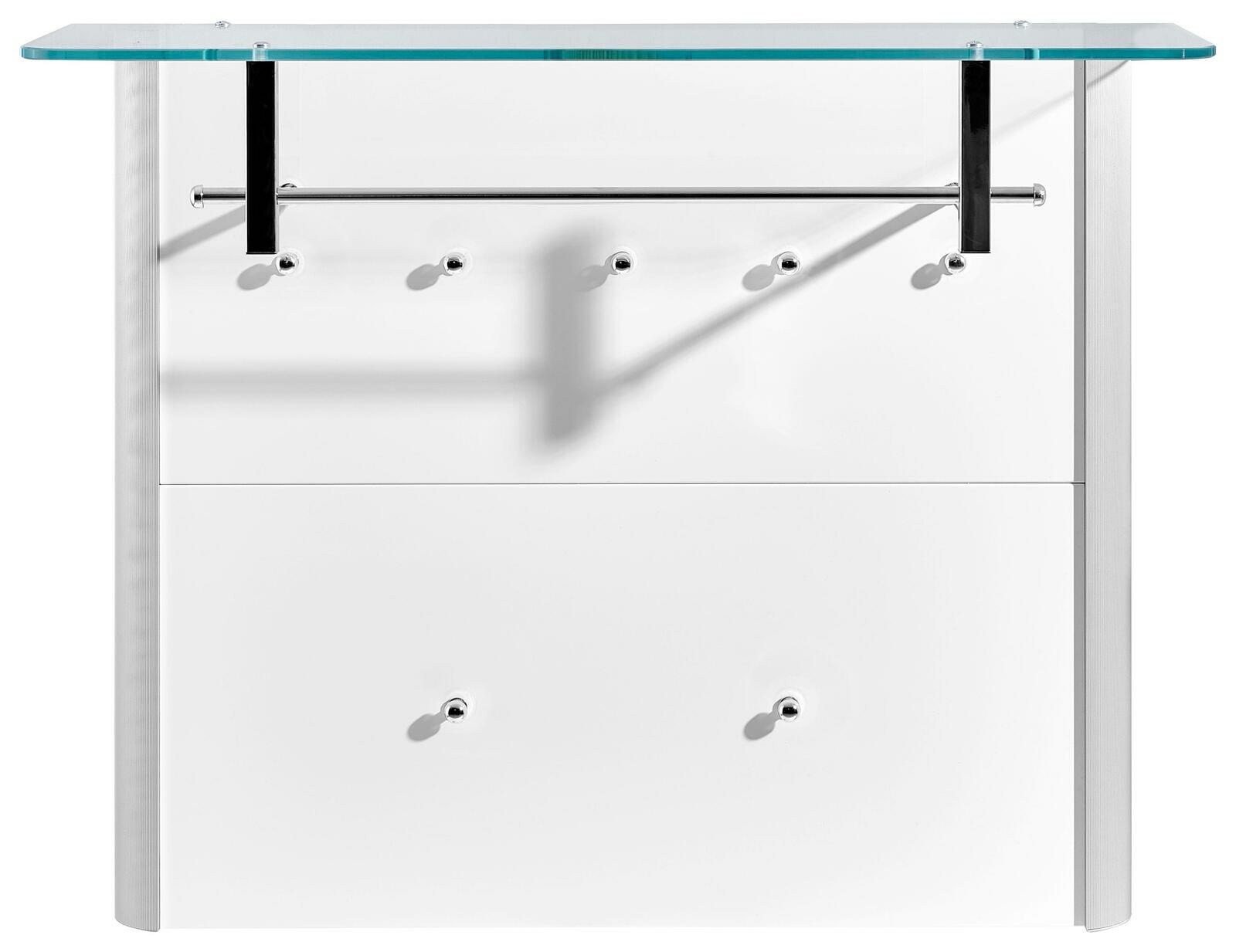 Frontansicht eines modernen Garderobenpaneels mit Glasablage und mehreren Haken.