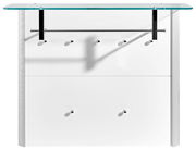 Frontansicht eines modernen Garderobenpaneels mit Glasablage und mehreren Haken.