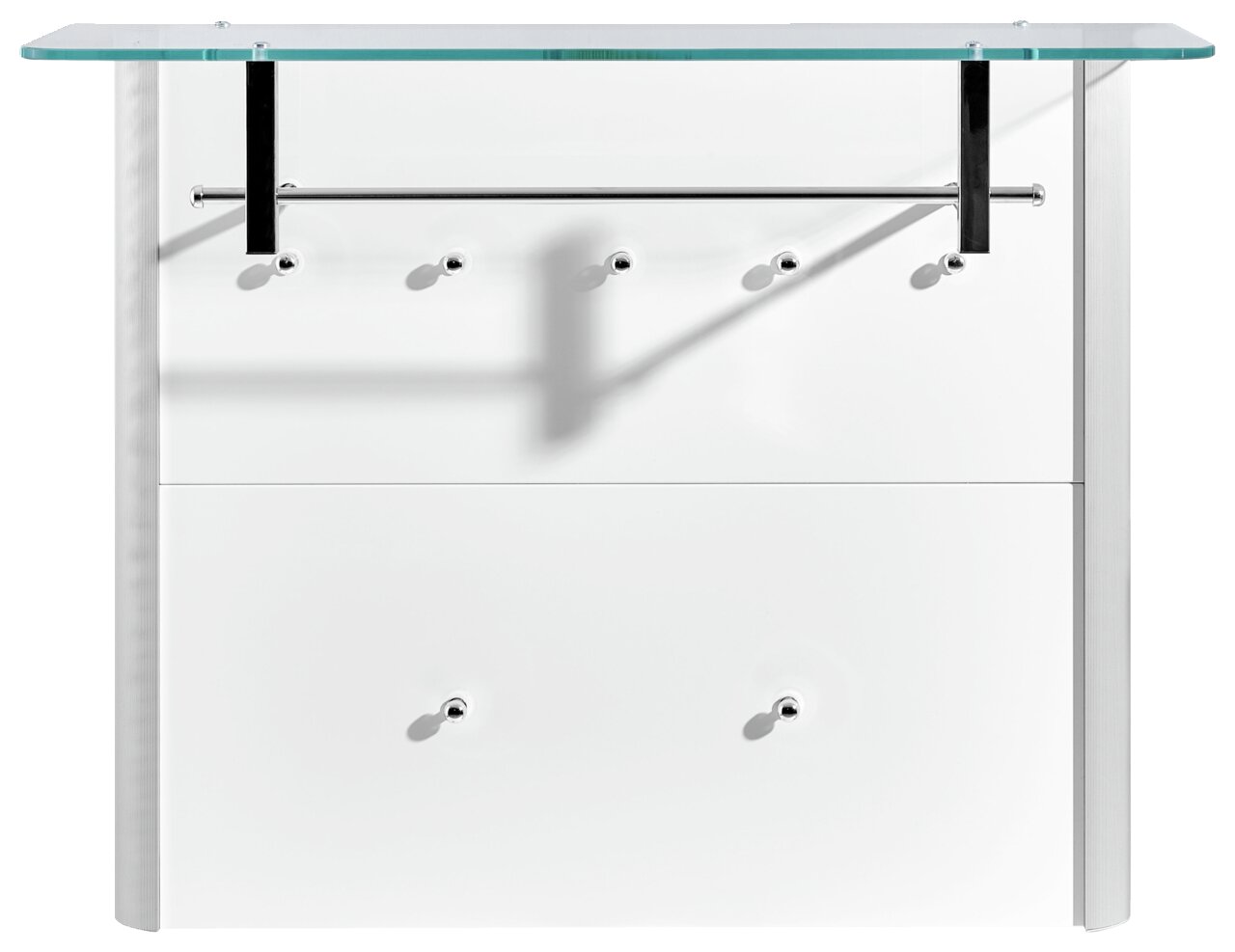 Vooraanzicht van een modern garderobepaneel met glazen plank en meerdere haken.