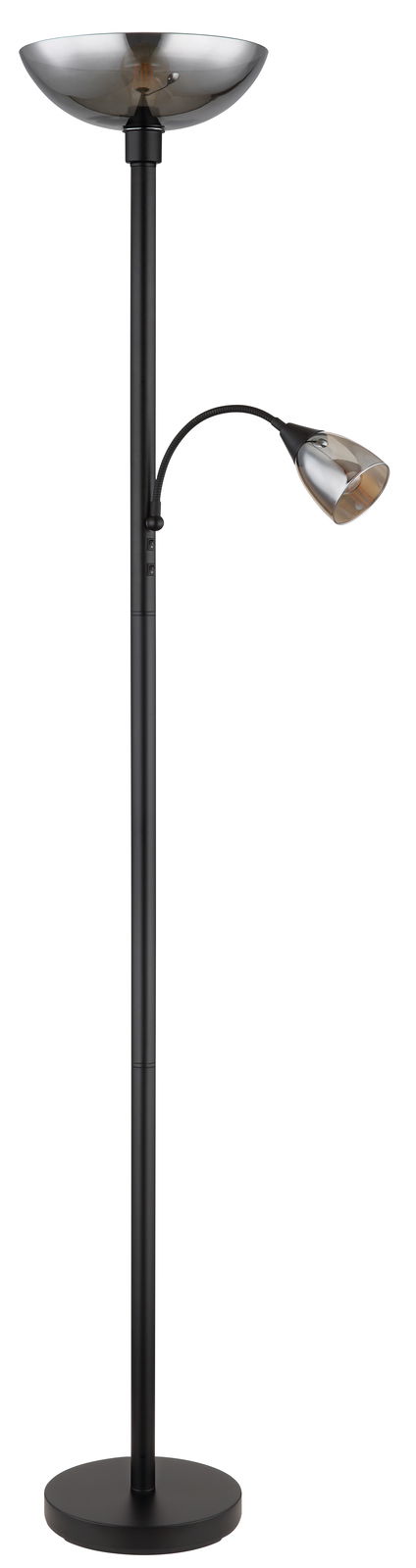 Stehleuchte BLADE in schwarzem Design mit zwei Leuchten, eine nach oben gerichtete Hauptleuchte und eine flexible Leselampe, seitliche Perspektive.