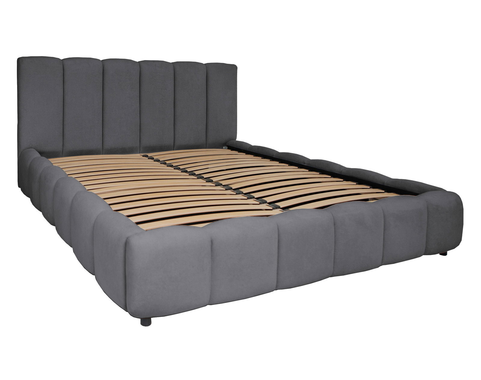 Graues Polsterbettgestell mit Lattenrost, seitliche Perspektive