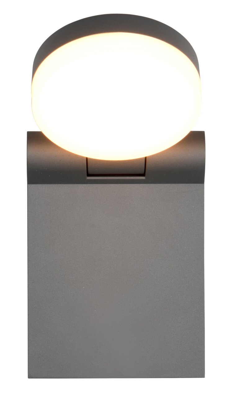 Moderne wandlamp ADOUR in grijze kleur, hier afgebeeld in vooraanzicht met een ronde, lichtgevende lampenkap.