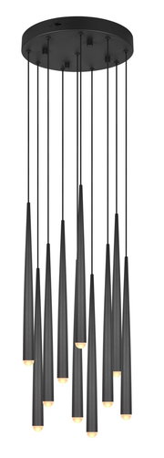 Moderne schwarze Pendelleuchte mit mehreren zylindrischen Lampen, von unten betrachtet.