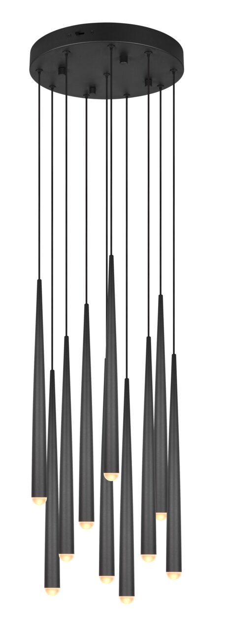 Moderne schwarze Pendelleuchte mit mehreren zylindrischen Lampen, von unten betrachtet.
