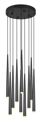 Moderne schwarze Pendelleuchte mit mehreren zylindrischen Lampen, von unten betrachtet.