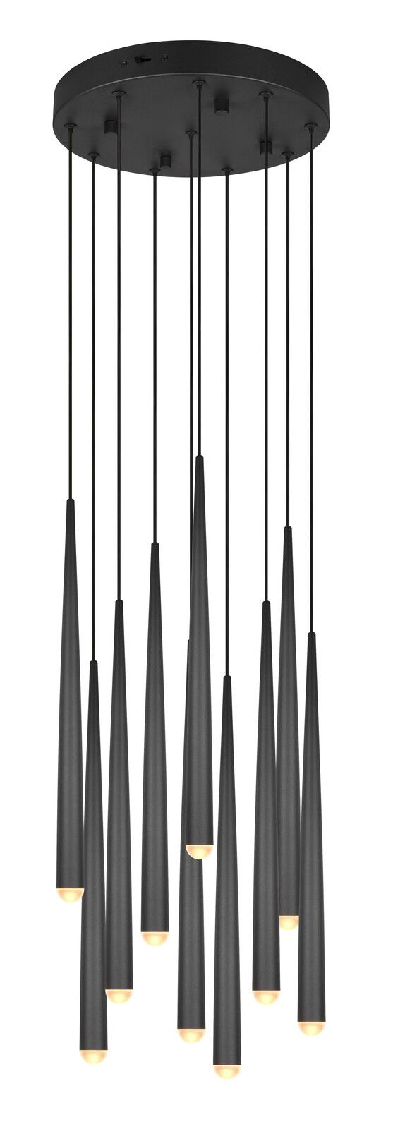 Moderne schwarze Pendelleuchte mit mehreren zylindrischen Lampen, von unten betrachtet.
