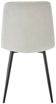 Rückansicht eines modernen Stuhls mit hellgrauer Rückenlehne und schwarzen Beinen.
