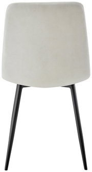 Rückansicht eines modernen Stuhls mit hellgrauer Rückenlehne und schwarzen Beinen.