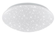Runde LED-Deckenleuchte aus weißem Kunststoff mit funkelndem Sternenhimmel-Effekt, seitliche Perspektive.
