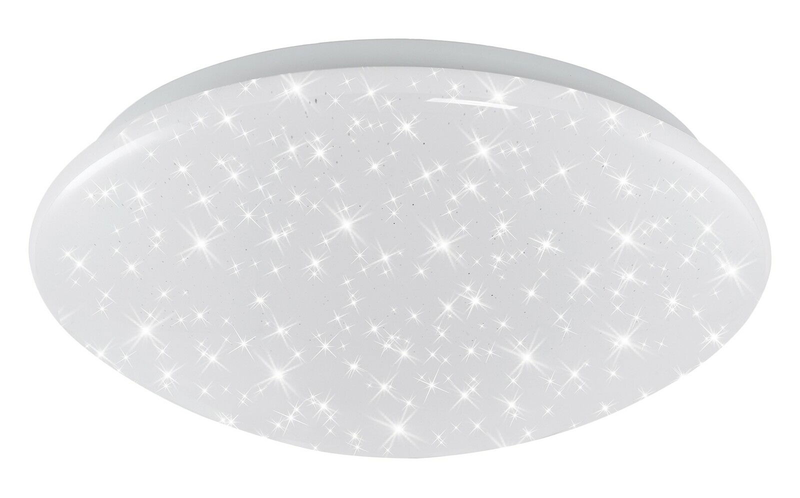 Briloner LED-Deckenleuchte VIPE Runde LED-Deckenleuchte aus weißem Kunststoff mit funkelndem Sternenhimmel-Effekt, seitliche Perspektive.