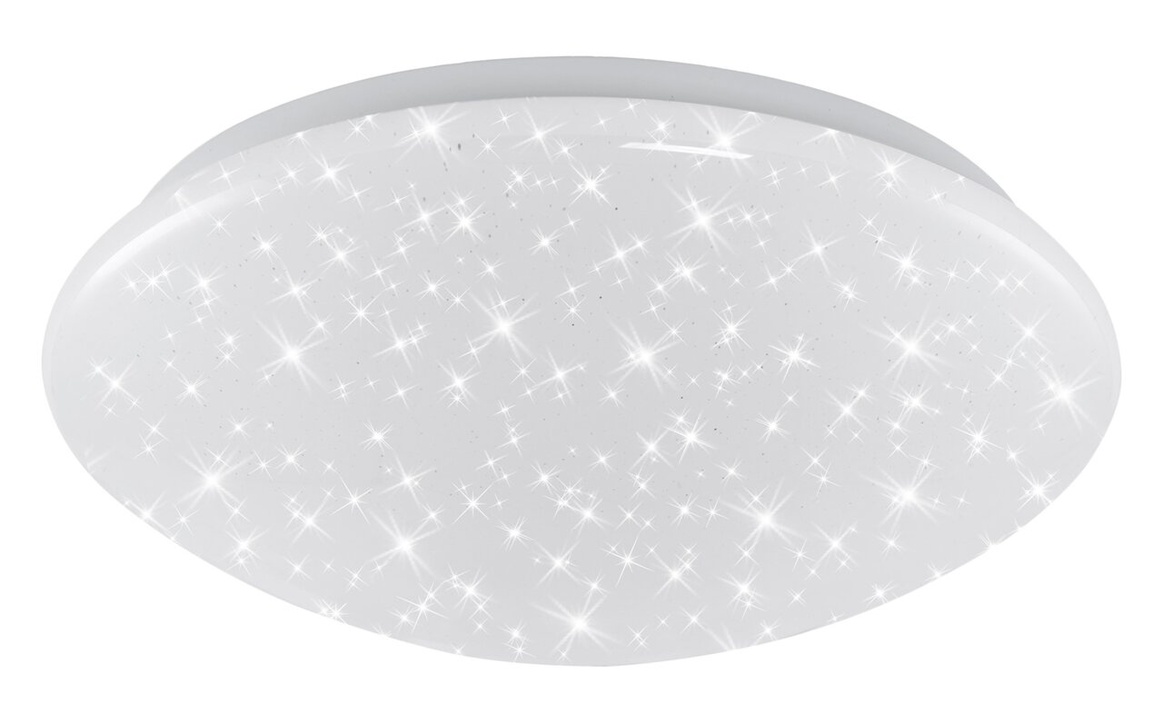 Runde LED-Deckenleuchte aus weißem Kunststoff mit funkelndem Sternenhimmel-Effekt, seitliche Perspektive.