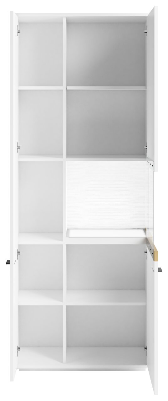 Vitrine mit Glasausschnitt rechts, weiße Farbe, offene Türen, Frontansicht