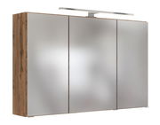 Moderner Spiegelschrank mit drei Türen und Holzrahmen, seitliche Perspektive