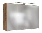 Moderner Spiegelschrank mit drei Türen und Holzrahmen, seitliche Perspektive