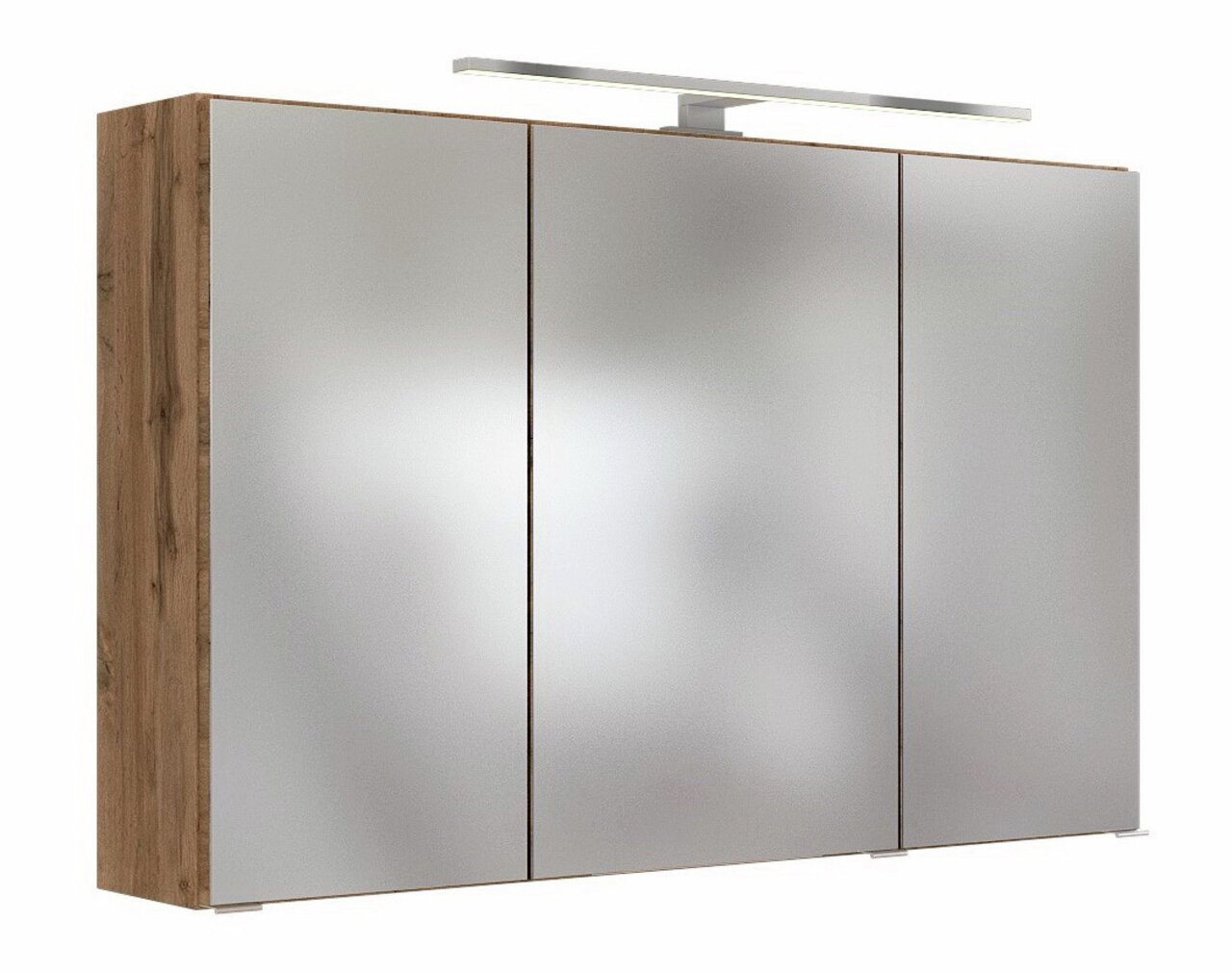 Moderner Spiegelschrank mit drei Türen und Holzrahmen, seitliche Perspektive