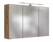 Moderner Spiegelschrank mit drei Türen und Holzrahmen, seitliche Perspektive