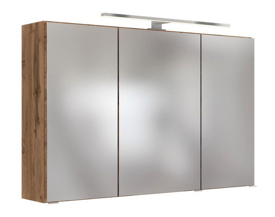 Moderner Spiegelschrank mit drei Türen und Holzrahmen, seitliche Perspektive