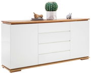 Weißes Sideboard mit Holzplatte, dekoriert mit einem Kaktus, einer Holzhand und einer kleinen Figur, seitliche Perspektive