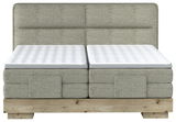 Frontale Ansicht eines Boxspringbetts mit grauem Stoffbezug und Holzfuß.