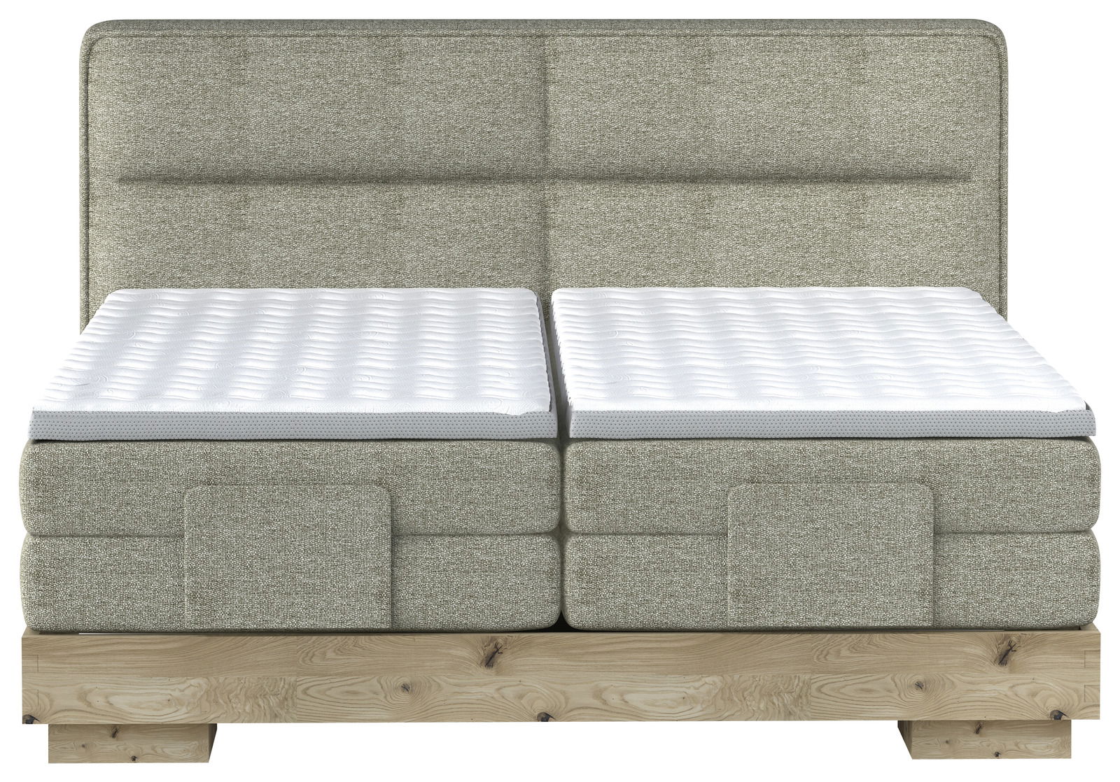 Frontale Ansicht eines Boxspringbetts mit grauem Stoffbezug und Holzfuß.