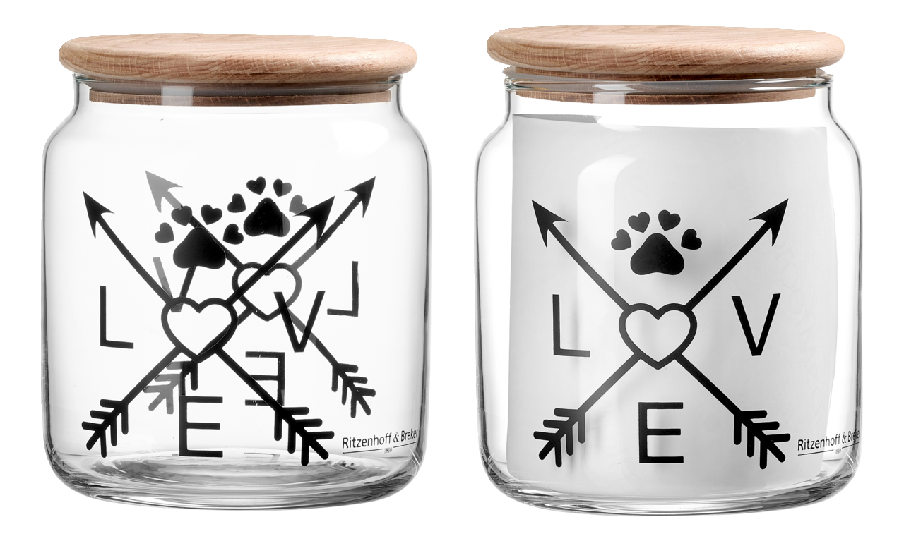 Ritzenhoff & Breker Dose 1,1L Love MIKA Glasdose mit Holzdeckel, verziert mit schwarzen Pfeilen, Herzen und Pfotenabdruck, aus der Frontalperspektive.