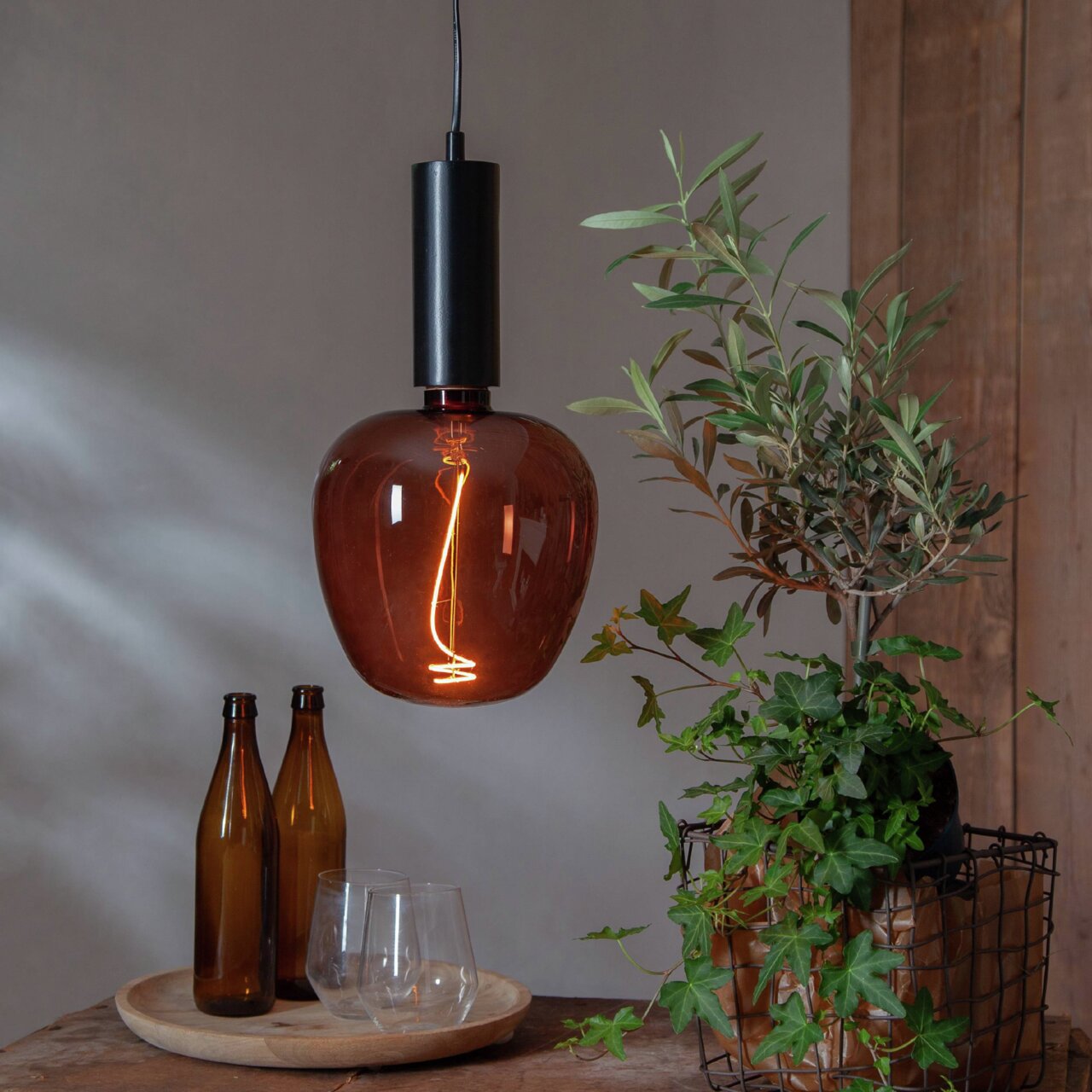 Hängelampe mit braunem Glas und sichtbarem Glühfaden, umgeben von Pflanzen und Dekoration, seitliche Perspektive