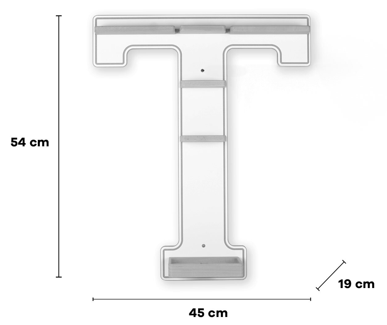 Wandregal in T-Form aus weißem Metall mit hellen Holzelementen, mit Maßen 54 x 45 x 19 cm, frontal von vorn auf weißem Hintergrund dargestellt