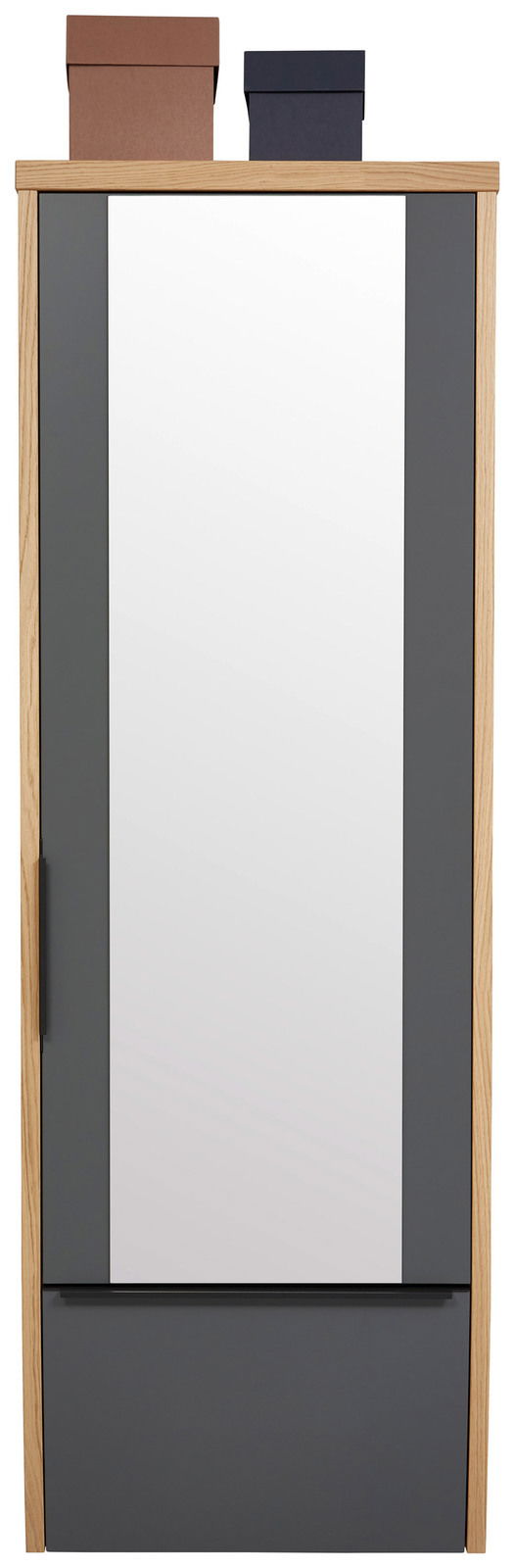 Frontansicht eines Hänge-Spiegelgarderobenschranks mit zwei Boxen obenauf, Holzrahmen und grauen Akzenten.