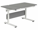 Moderner höhenverstellbarer Schreibtisch in Grau und Weiß, seitliche Perspektive