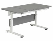 Moderner höhenverstellbarer Schreibtisch in Grau und Weiß, seitliche Perspektive
