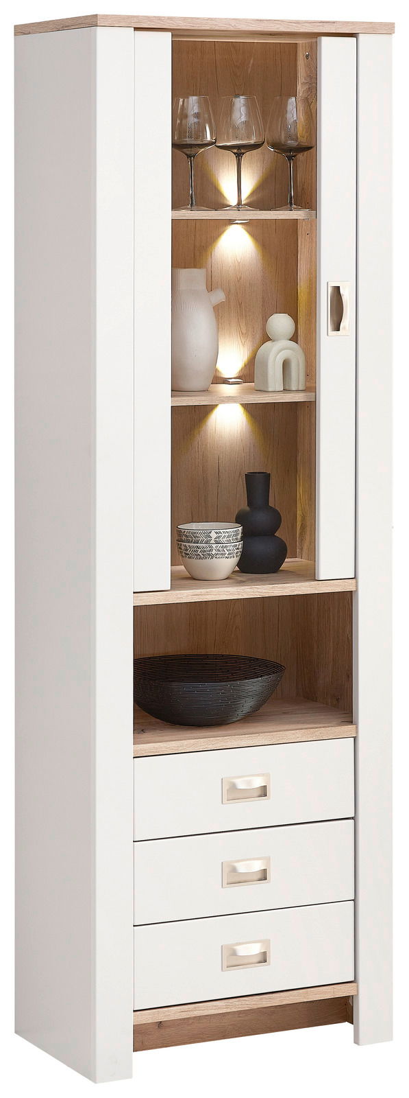 Moderne Vitrine mit weißem Korpus und Holzelementen, ausgestattet mit Glasregalen und Schubladen, frontal betrachtet.