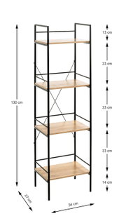 Schmales Standregal im Industrial-Design mit schwarzem Metallrahmen und vier Holzablagen, freigestellt auf weißem Hintergrund mit Maßangaben (ca. 130 cm hoch, 34 cm breit, 27 cm tief), frontal in leichter Schrägansicht von vorn.