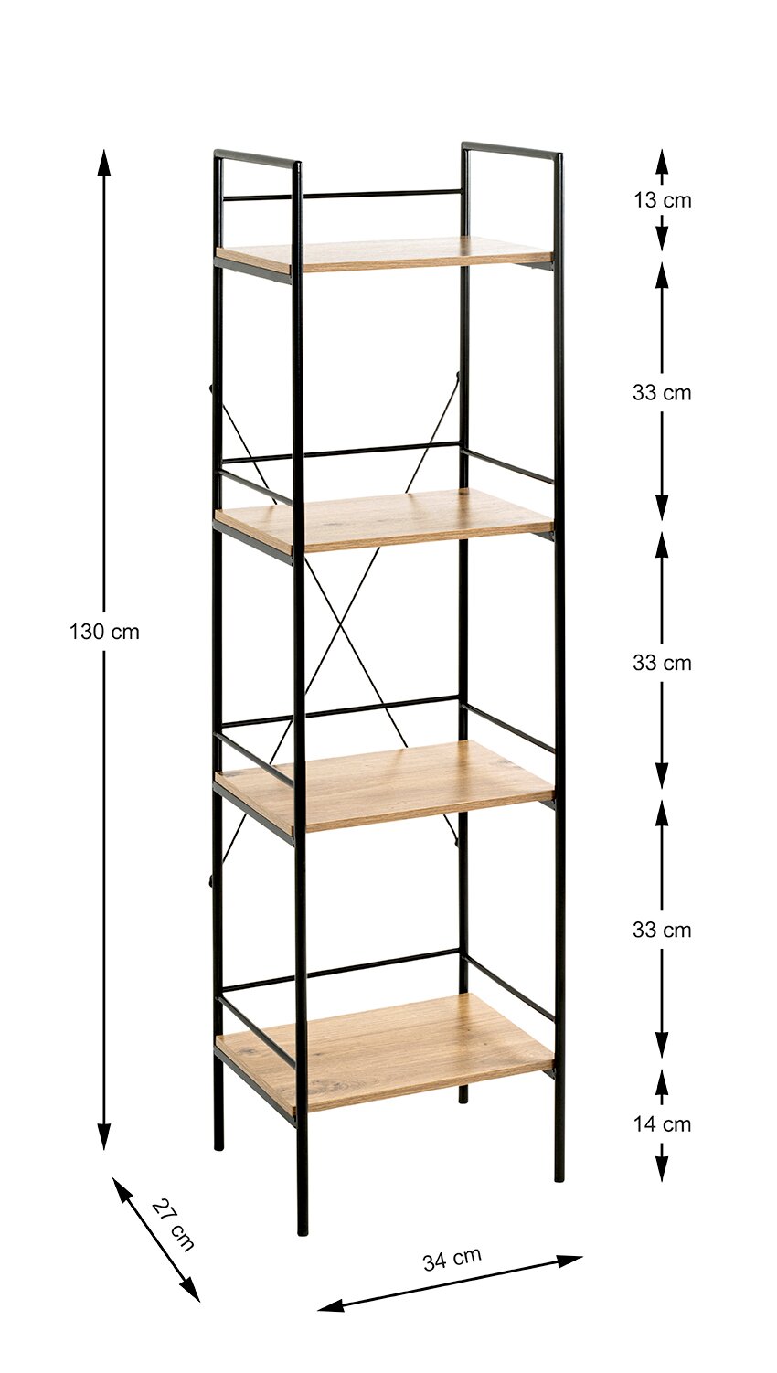Schmales Standregal im Industrial-Design mit schwarzem Metallrahmen und vier Holzablagen, freigestellt auf weißem Hintergrund mit Maßangaben (ca. 130 cm hoch, 34 cm breit, 27 cm tief), frontal in leichter Schrägansicht von vorn.
