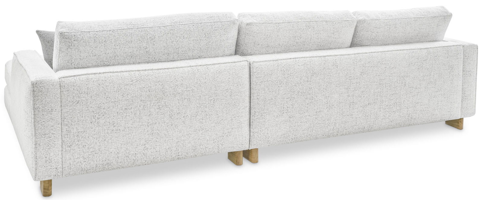Rückansicht eines modernen, hellgrauen Ecksofas mit Holzfüßen.