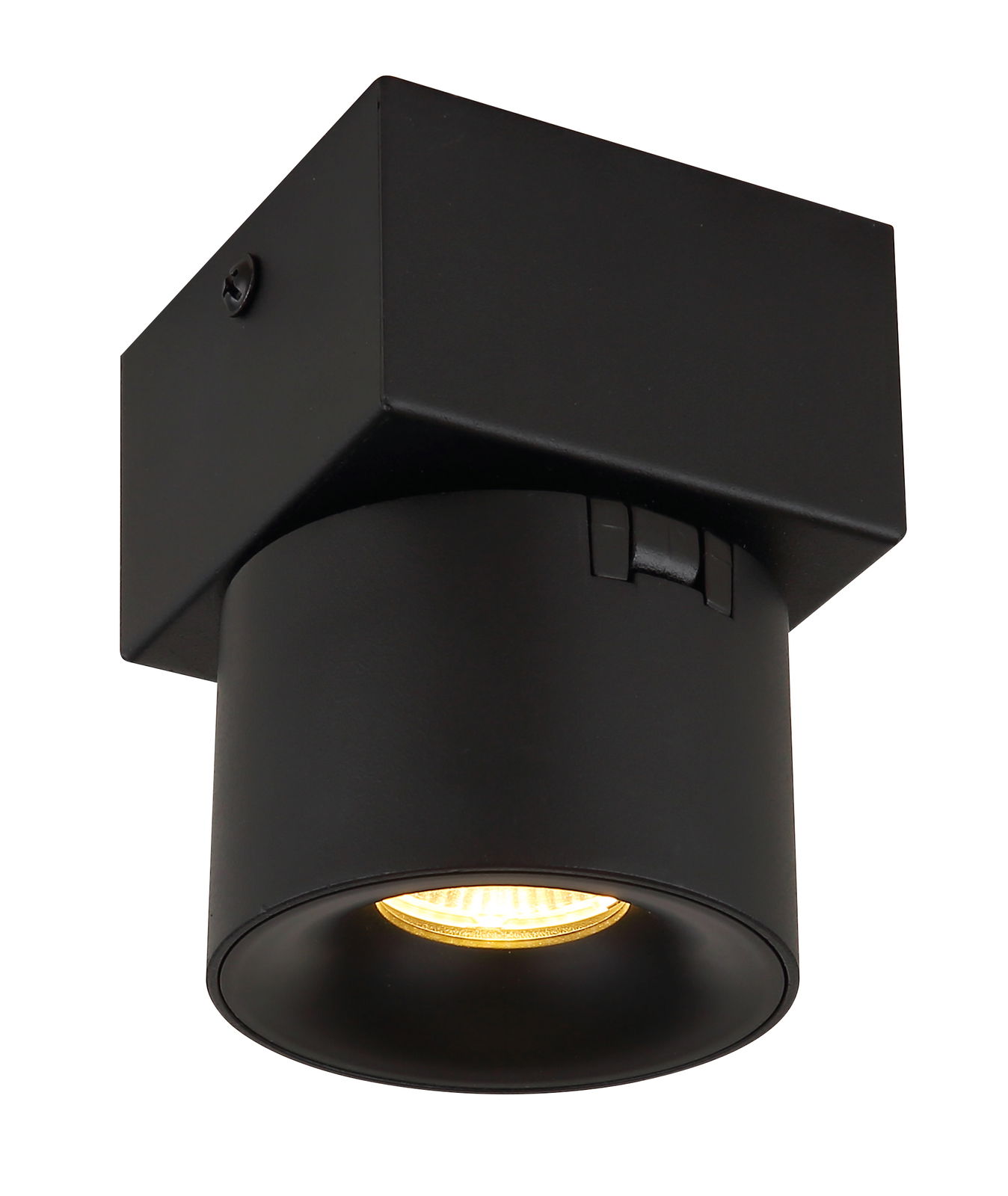 Schwarzer LED-Strahler von Globo Lighting, Ansicht von unten mit leuchtender LED.