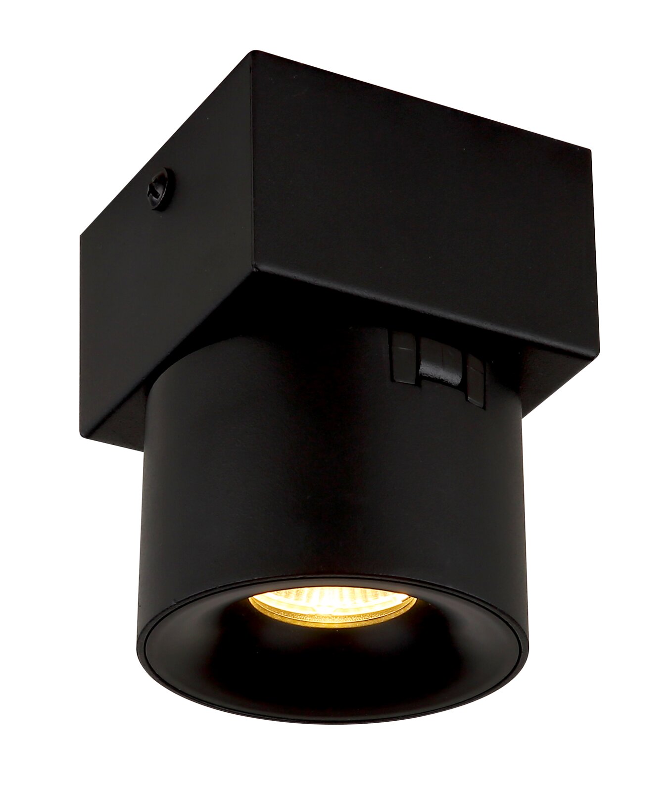 Schwarzer LED-Strahler von Globo Lighting, Ansicht von unten mit leuchtender LED.